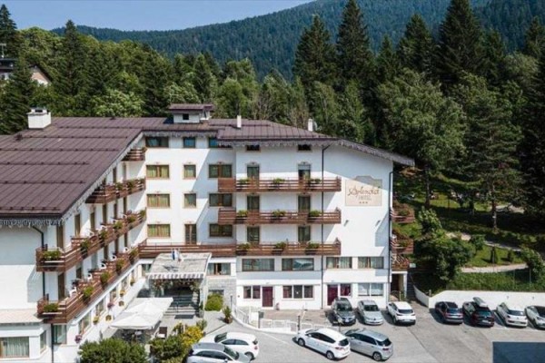 Hotel otoczony lasami z parkingiem pełnym samochodów.