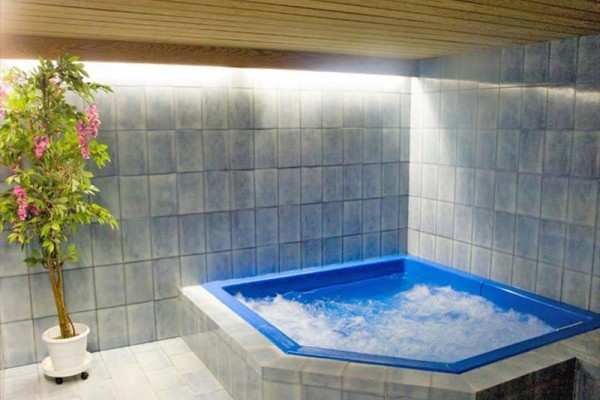 Jacuzzi w rogu pomieszczenia z niebieskimi płytkami i rośliną w doniczce.
