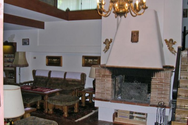 Przytulny salon z kominkiem, drewnianymi meblami i żyrandolem na suficie.
