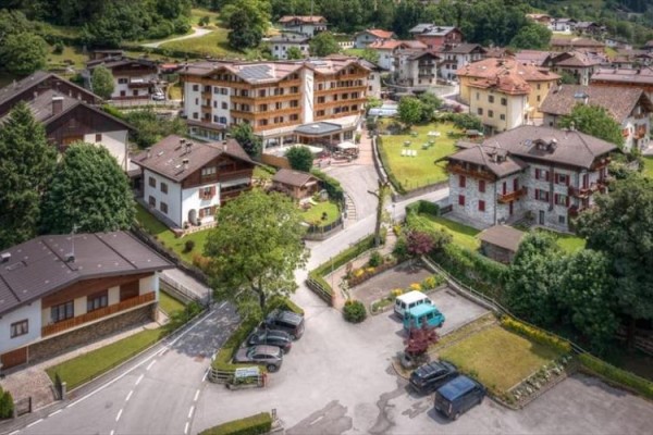 Widok z lotu ptaka na malowniczą alpejską wioskę z domami i zielenią.