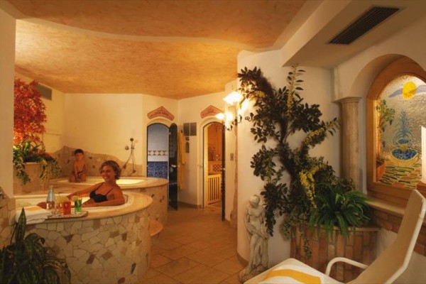 Spa z wannami z hydromasażem i roślinami na ozdobionej ścianie.
