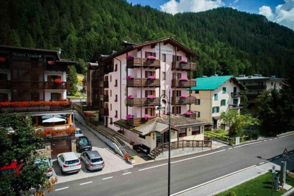 Hotel przy drodze w górskim terenie otoczony drzewami.