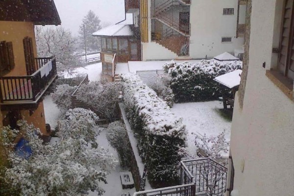Ogród pokryty śniegiem między domami podczas opadów śniegu.