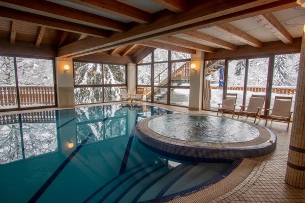Kryty basen z jacuzzi i zimowym widokiem na zewnątrz.