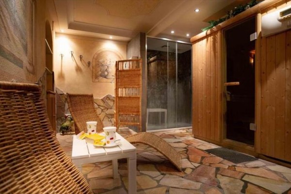 Pomieszczenie wellness z leżakami, drewnianą sauną i kabiną prysznicową.