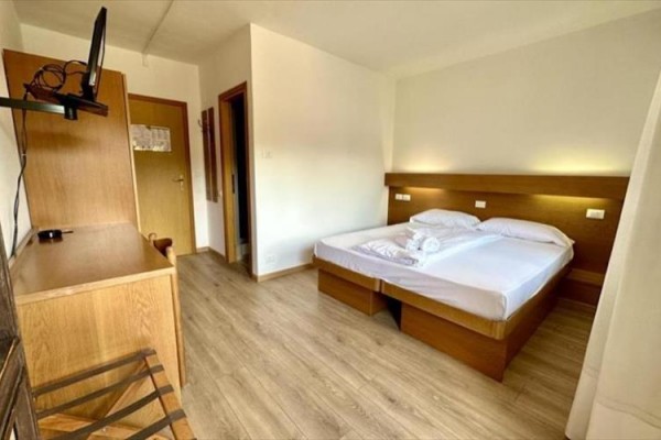 Pokój hotelowy z łóżkiem małżeńskim, telewizorem i drewnianymi meblami.