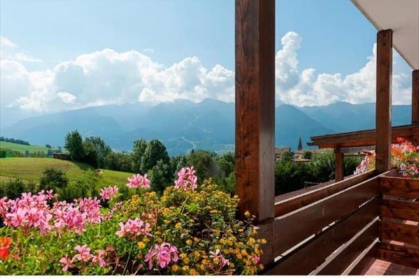 Drewniany balkon z kwiatami i widokiem na góry z niebieskim niebem i chmurami.