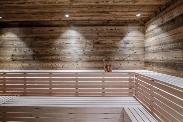 Nowoczesna sauna z drewnianymi ścianami i ławkami.