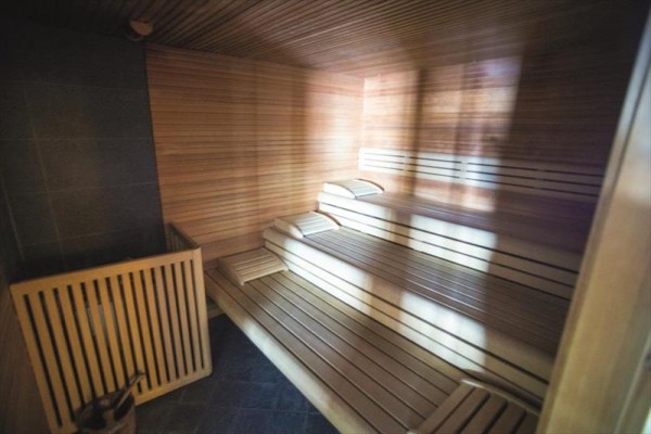 Drewniana sauna z ławkami i piecem.