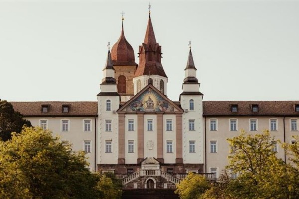 Historyczny budynek z wieżami i freskiem na fasadzie otoczony drzewami.