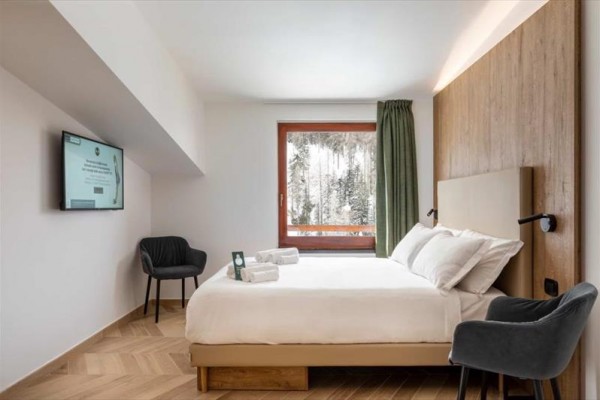 Nowoczesny pokój hotelowy z łóżkiem małżeńskim, telewizorem i oknem z widokiem na ośnieżony las.